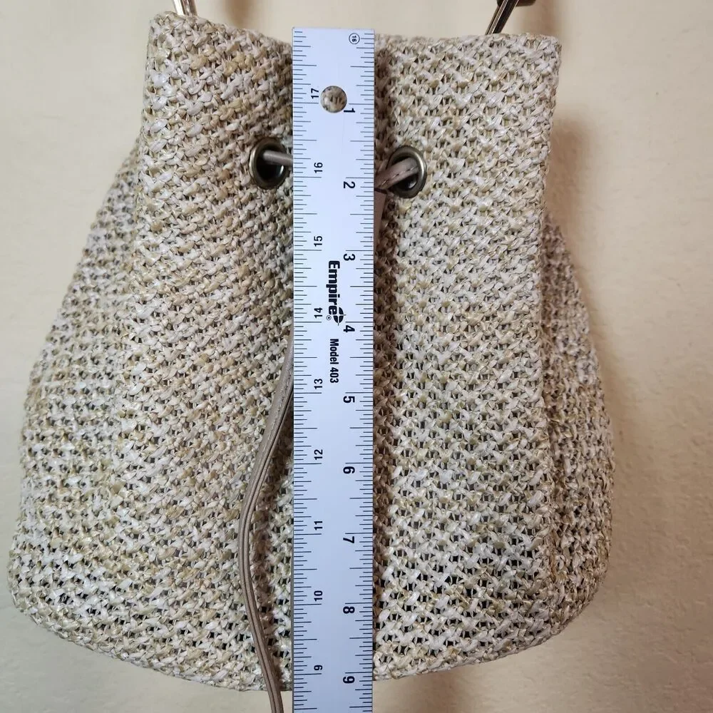 Cream Shoulder Bucket Bag Straw Rafia Leather Drawstring Hobo Beach Bamboo Boho‎